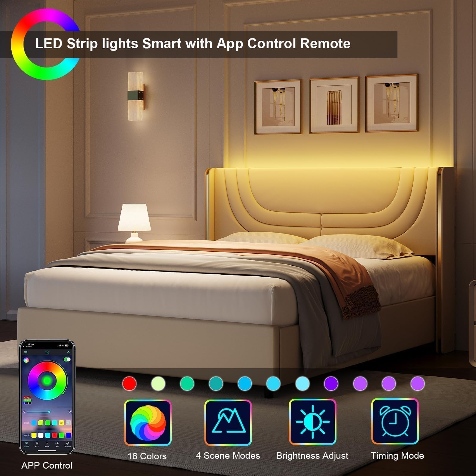 Queen Bed Frame with LED Lights and Faux Leather Upholstered Headboard