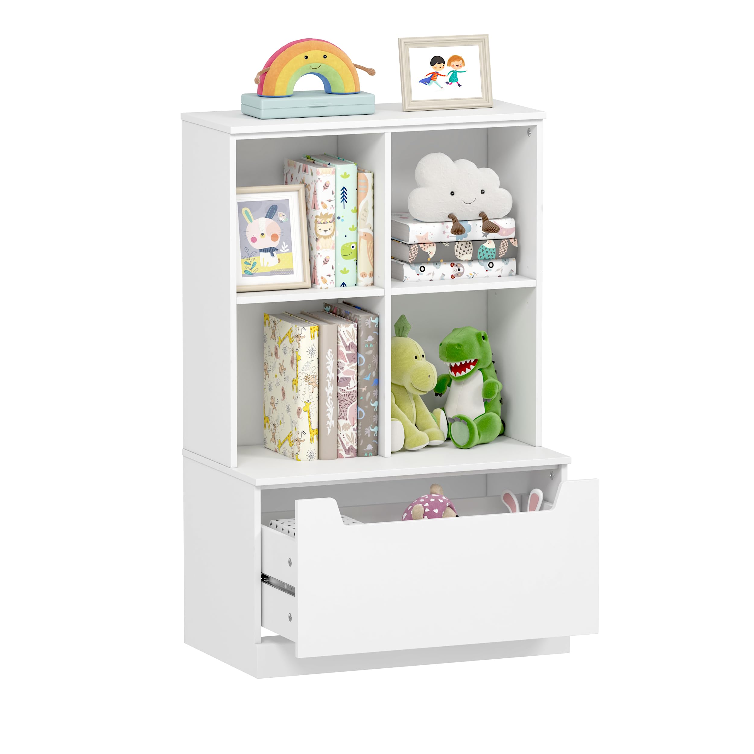 Kids Bookshelf and Toy Storage Organizer with Cubbies and Drawer