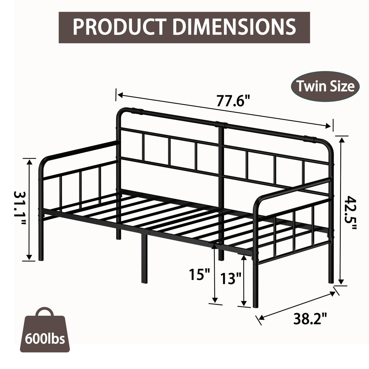 Metal Twin Daybed with Modern Headboard and Steel Slats