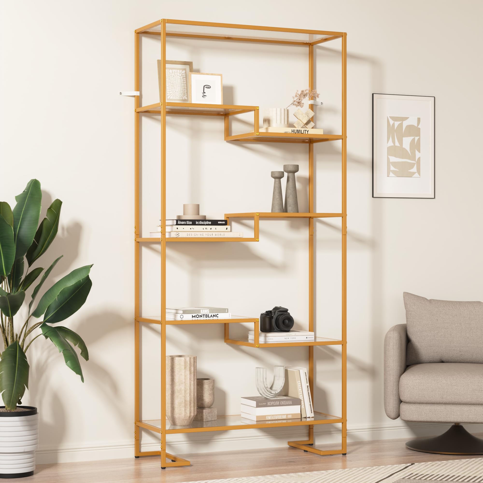 5-Tier Tempered Glass Bookshelf Golden Modern Display Shelf