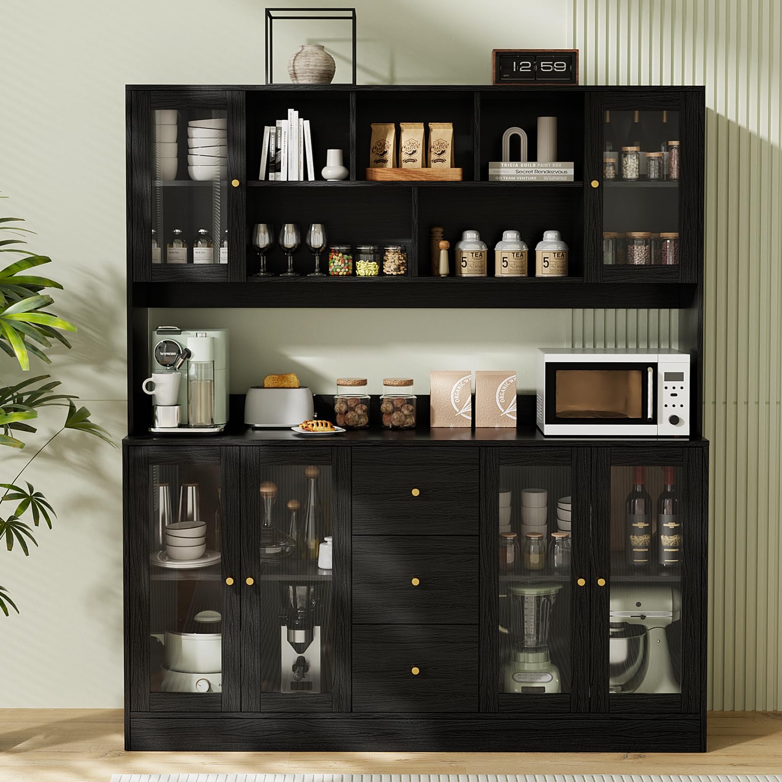 Kitchen Hutch Cabinet with Glass Doors