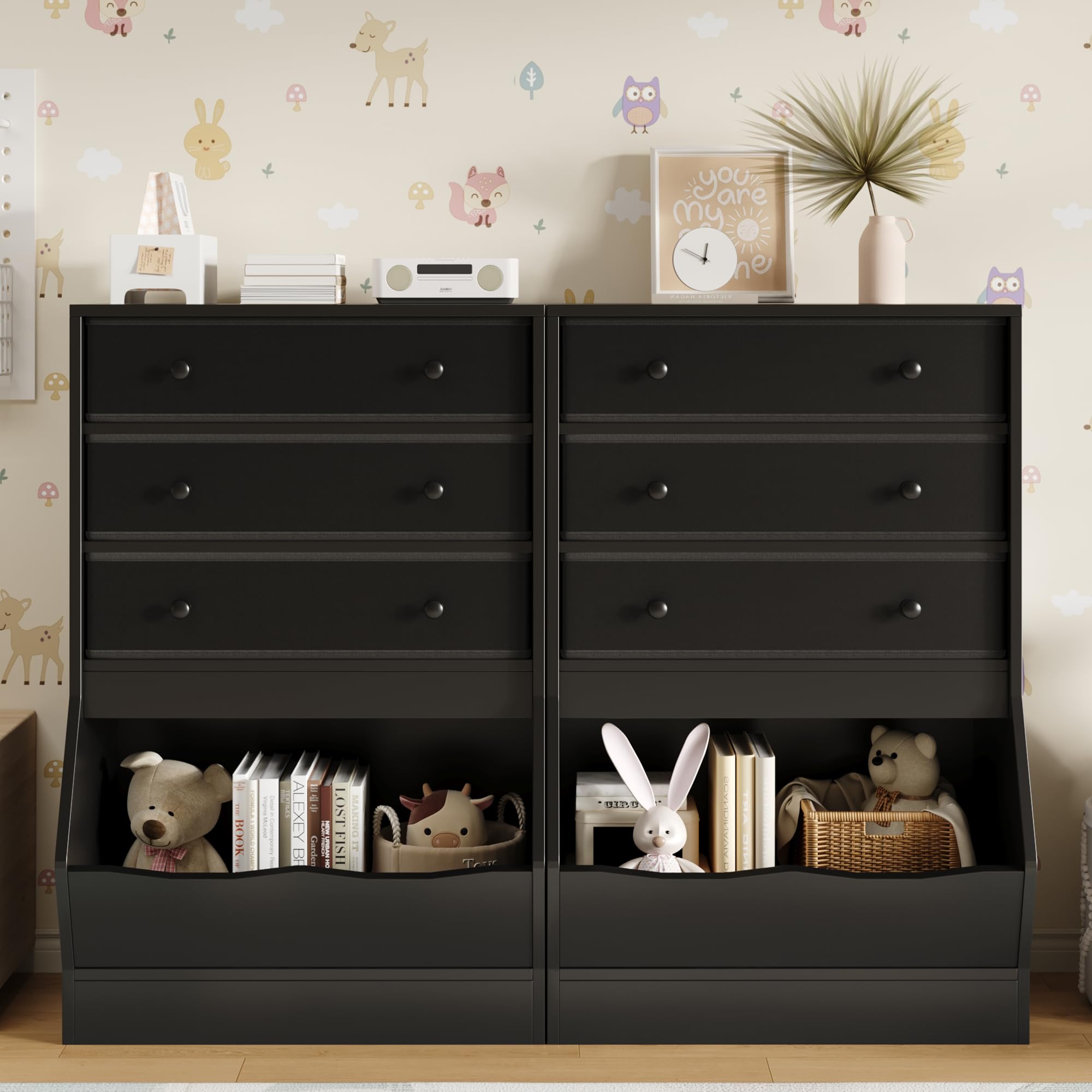 Toy Storage Organizer with Open Cube and Fabric Drawers