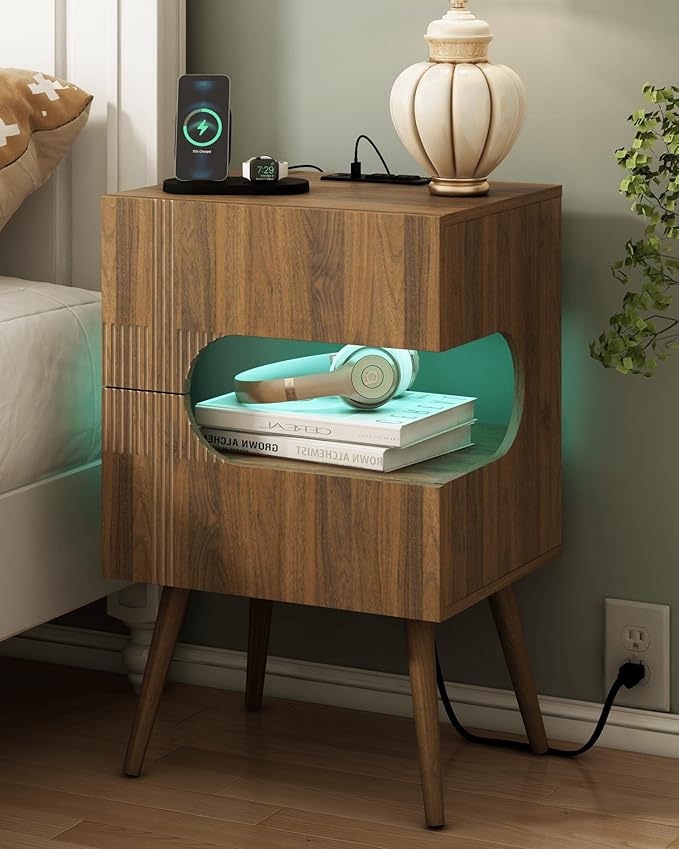 Nightstand with Charging Station and LED Lights