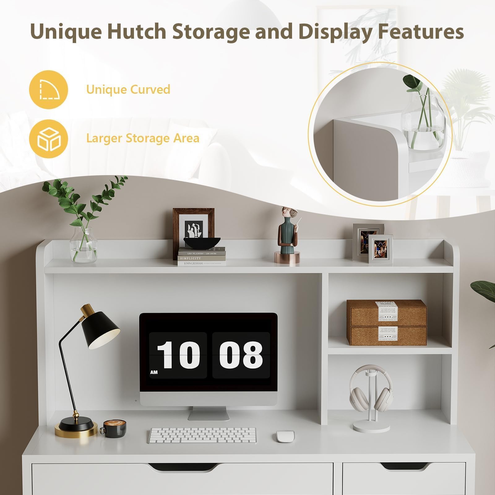 White Desk with Hutch and Drawers 53 Inch