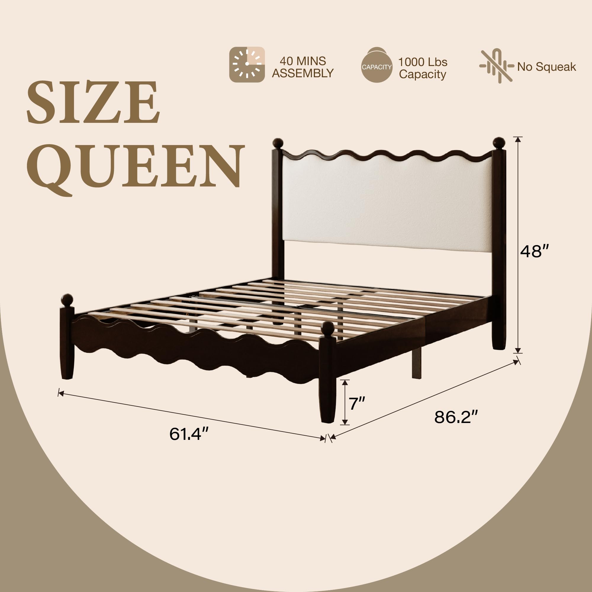 Queen Bed Frame with Vintage Wave Headboard 48" Tall