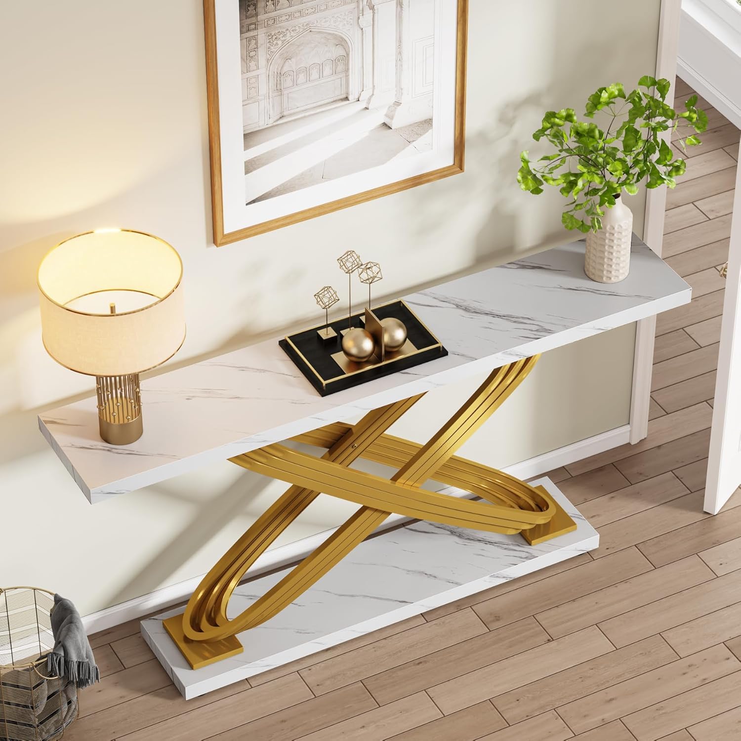 55 Inch Modern Console Table with Gold Metal Frame