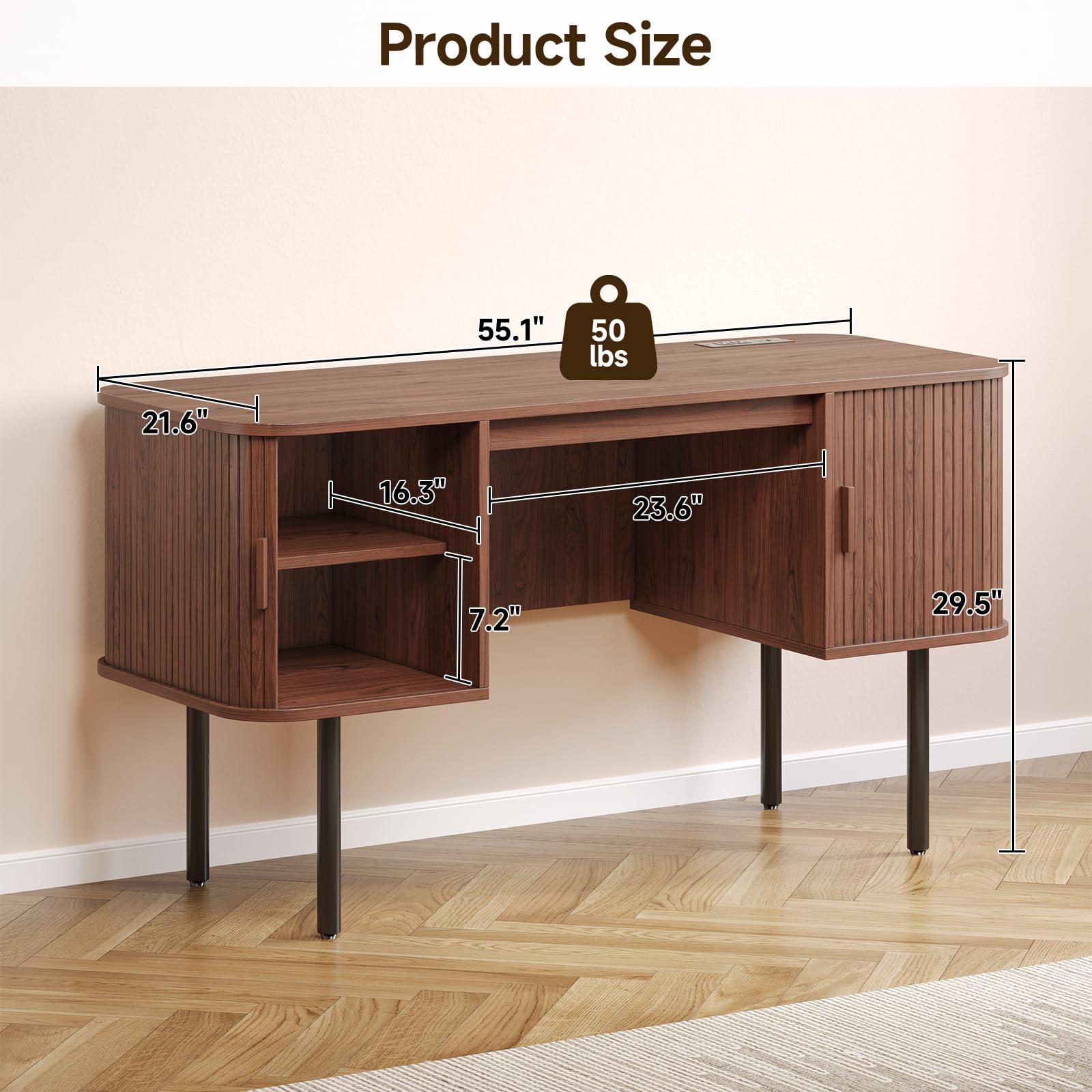 55 Inch Fluted Computer Desk with Charging Station