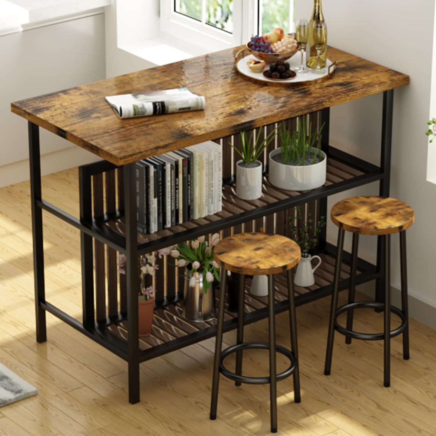 3 Piece Counter Height Bar Table Set with Storage