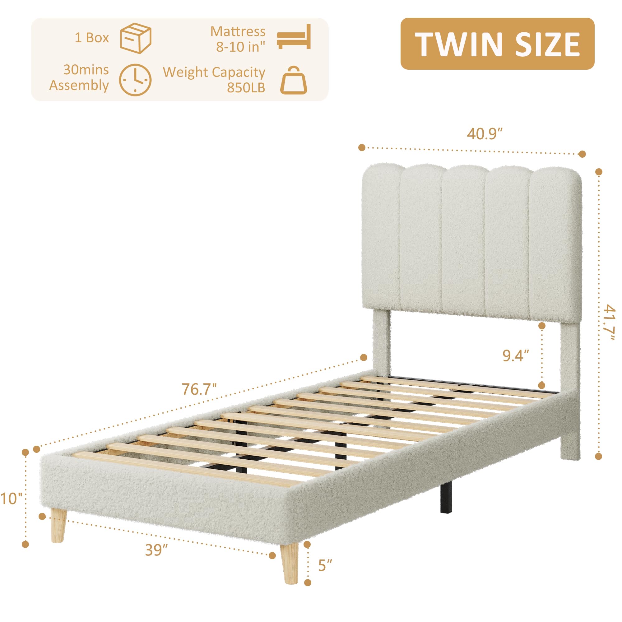 Twin Boucle Upholstered Platform Bed with Wave Headboard