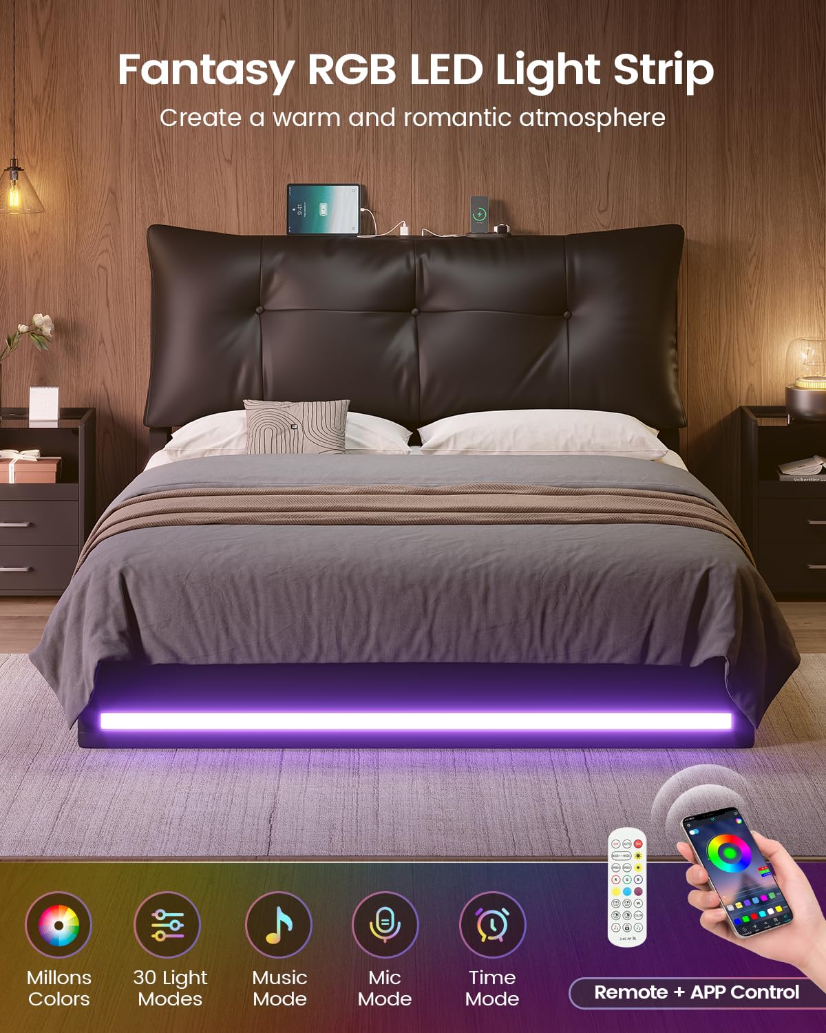 Full Size Upholstered Bed Frame with LED Lights, Storage Drawers & Charging Station