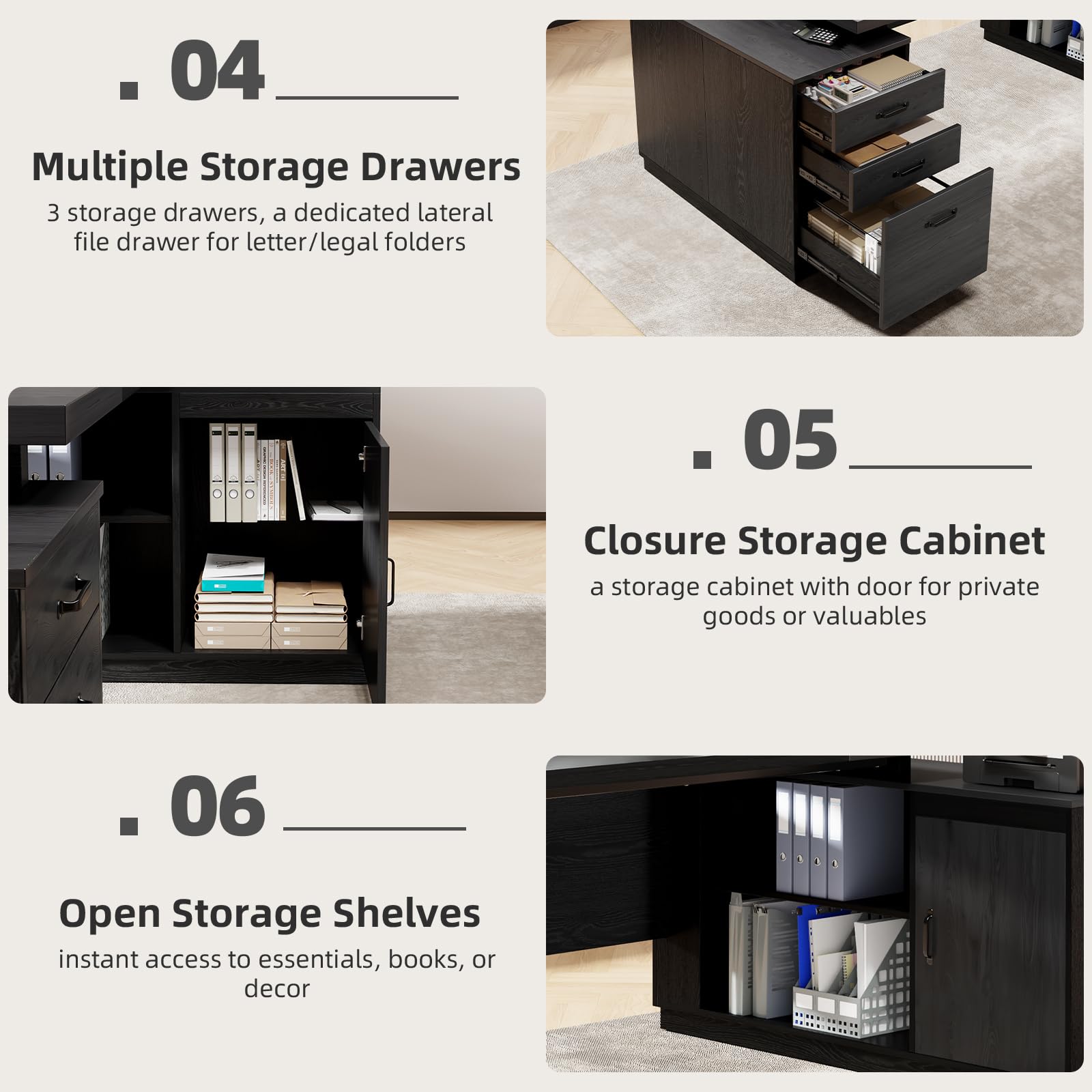 L-Shaped Desk with Drawers and Power Outlet