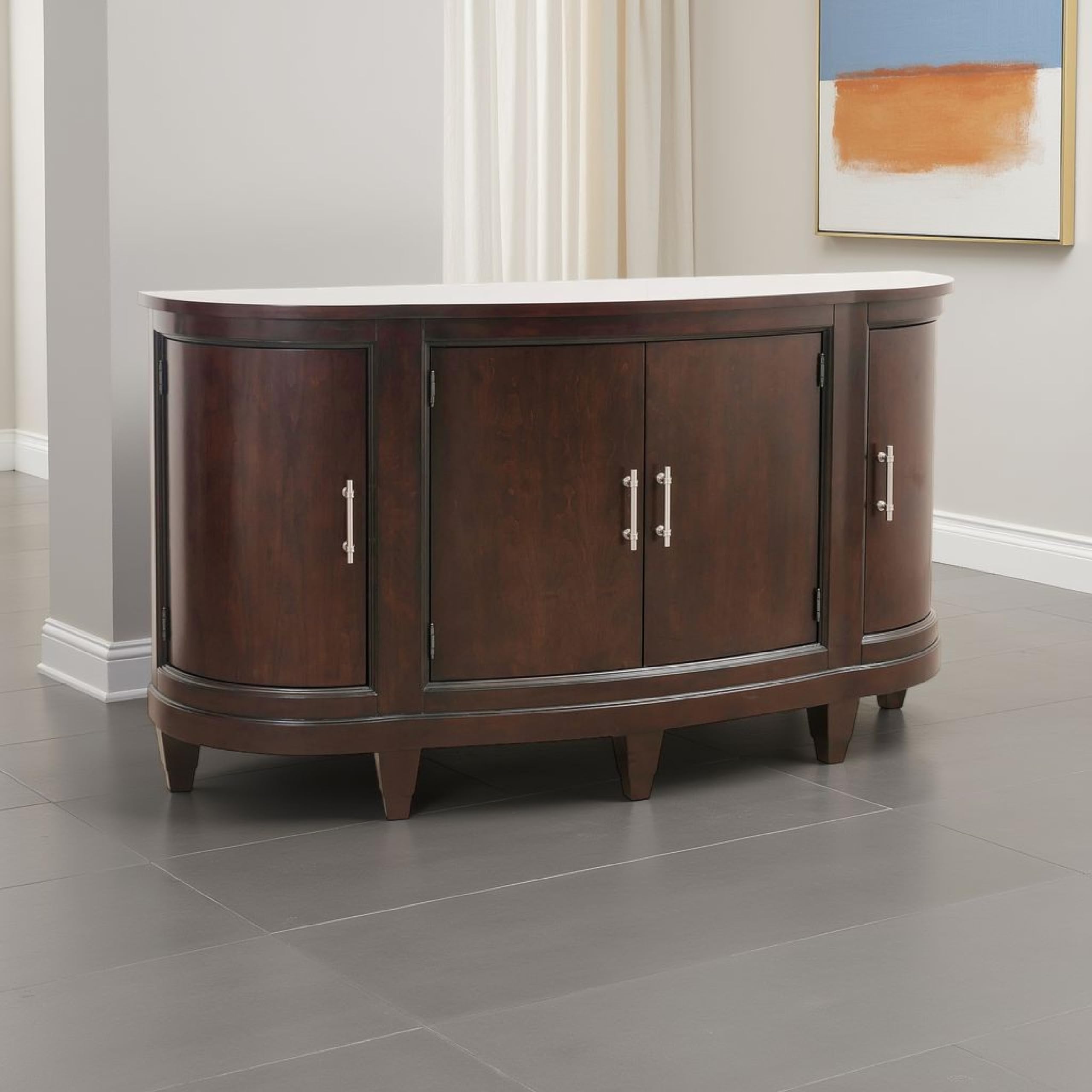 Curved Sideboard Buffet Server 4 Door Cherry Brown 66 Inch