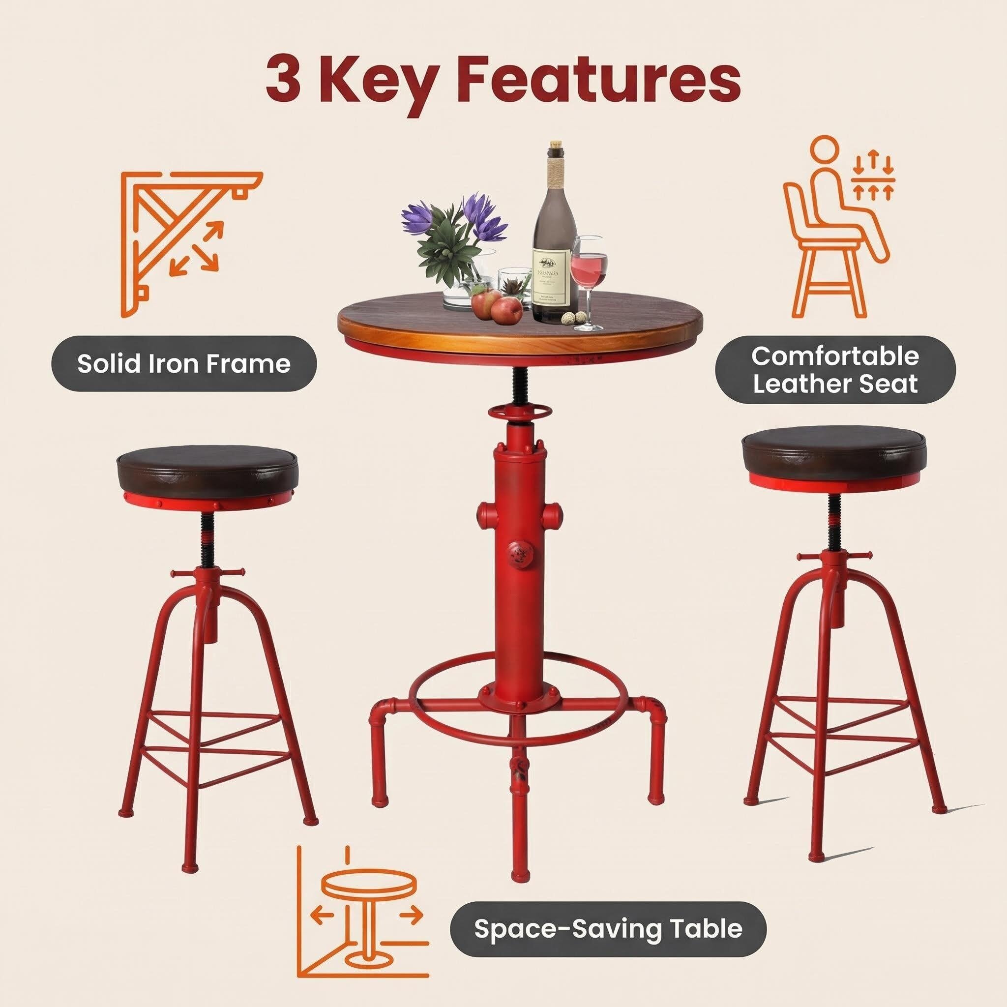3 Piece Adjustable Pub Bar Set with Stools