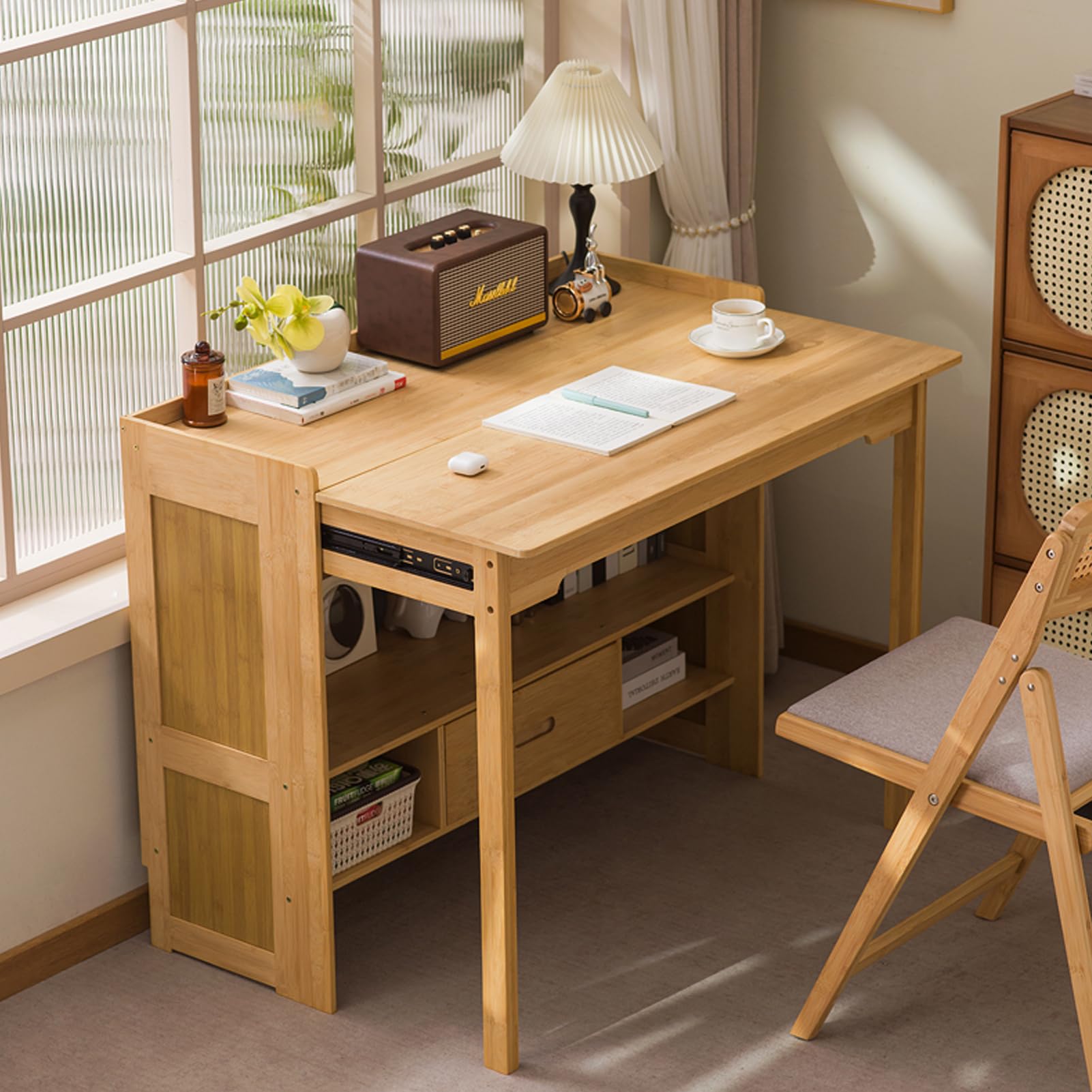 Bamboo Folding Desk with Bookshelf and Drawer