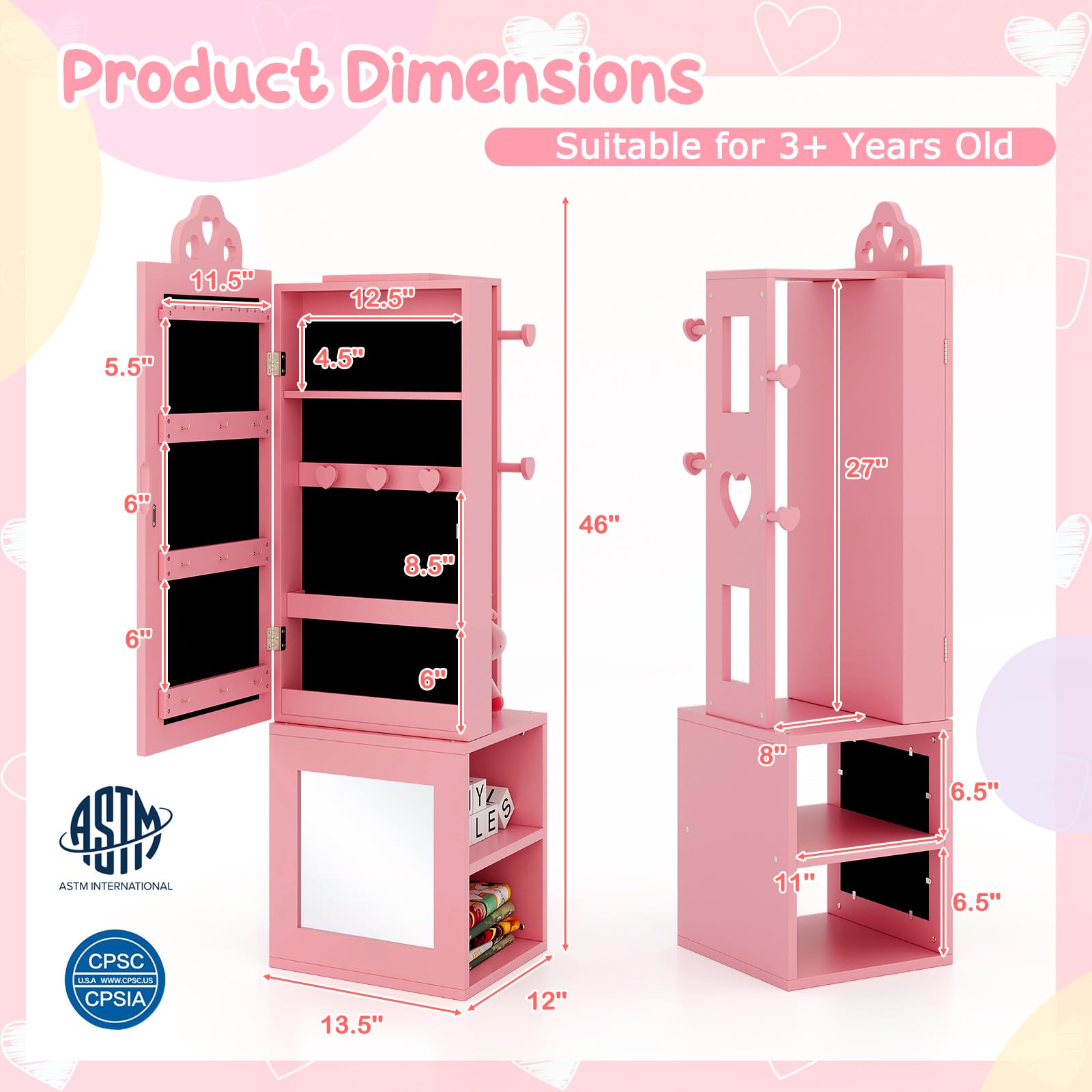 46" Kids Jewelry Armoire Cabinet with Full-Length Mirror