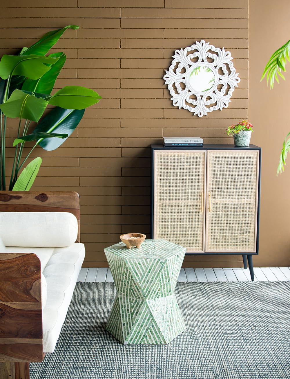 Green Geometric Accent Stool with Capiz Inlays