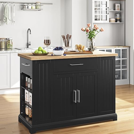 Rolling Kitchen Island Cart with Rubberwood Countertop