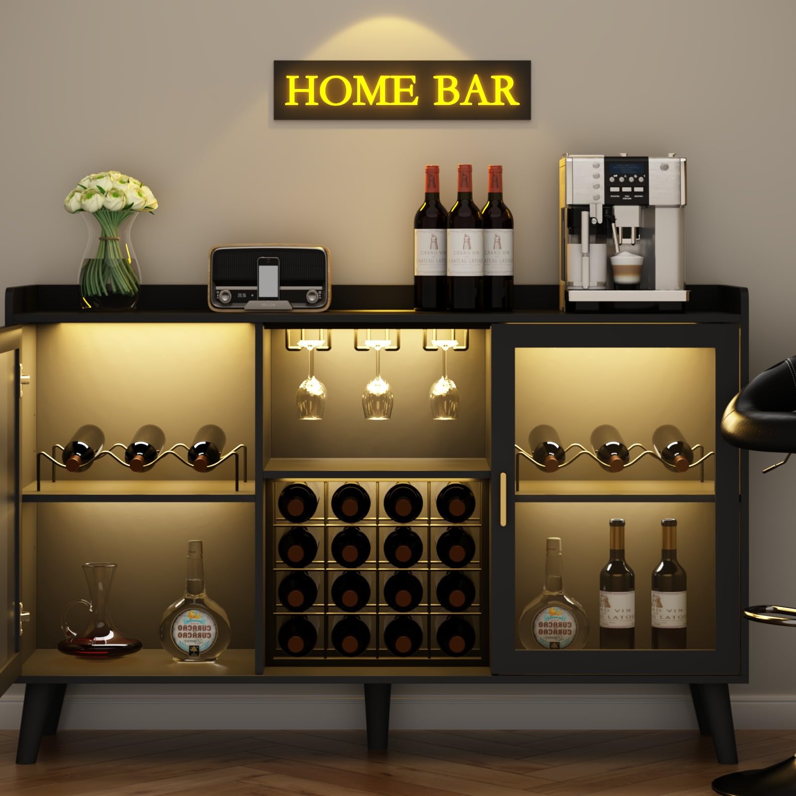 Wine Bar Cabinet with LED Light and Storage