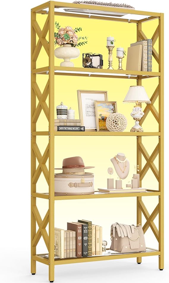 5-Tier Glass Bookshelf with LED Light