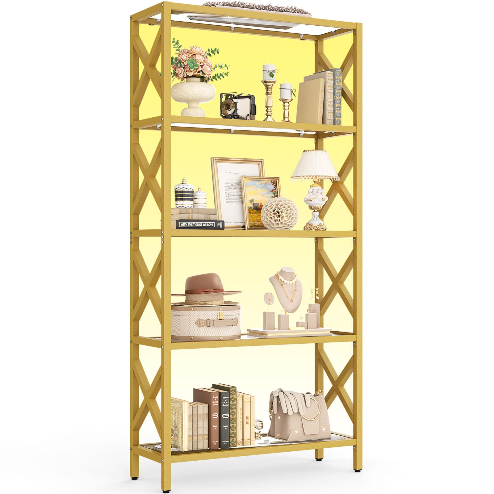 5-Tier Glass Bookshelf with LED Light