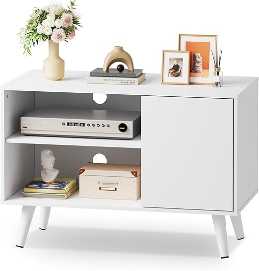 Mid-Century TV Stand with Storage Cabinet White 47 Inch