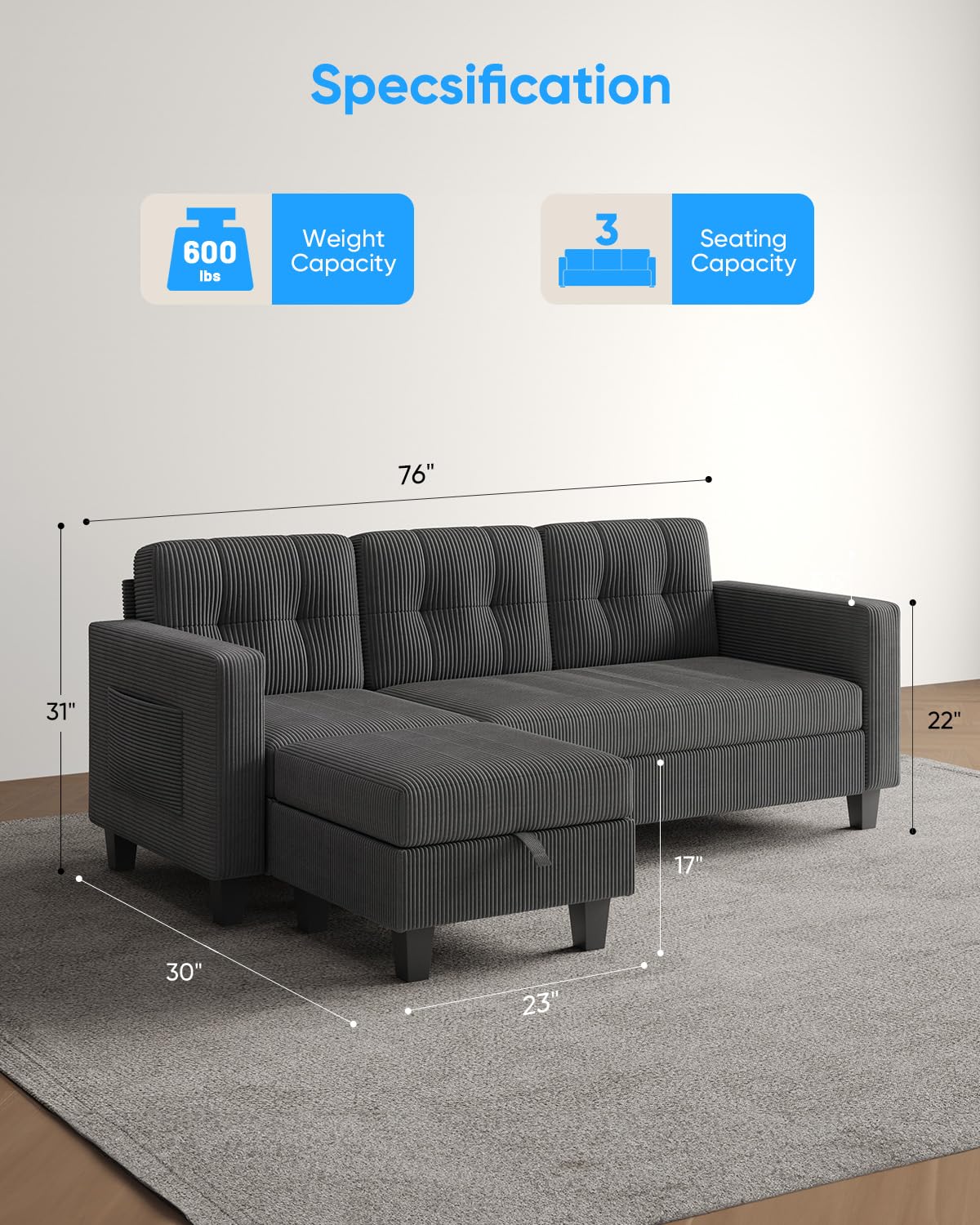 76 Inch L Shaped Sofa with Reversible Storage Ottoman