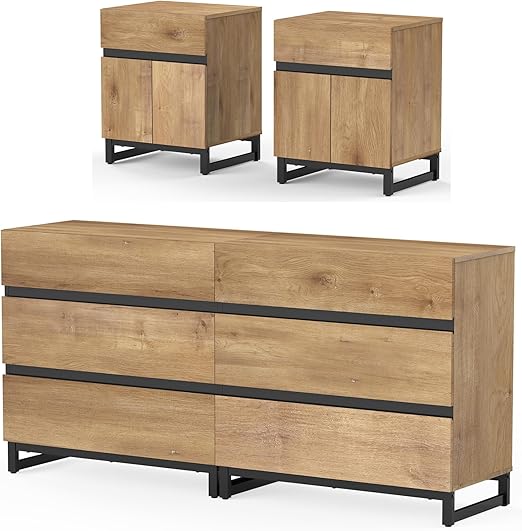 3-Piece Bedroom Furniture Set with 6-Drawer Dresser and 2 Nightstands