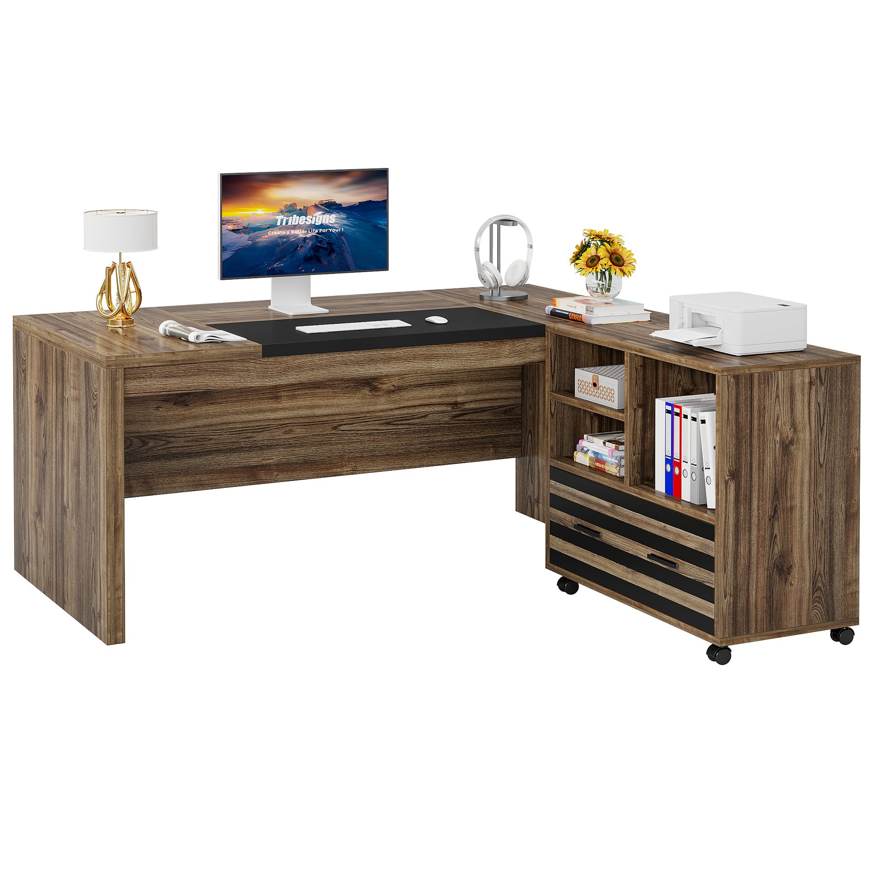 62.2" L-Shaped Executive Desk with Mobile File Cabinet