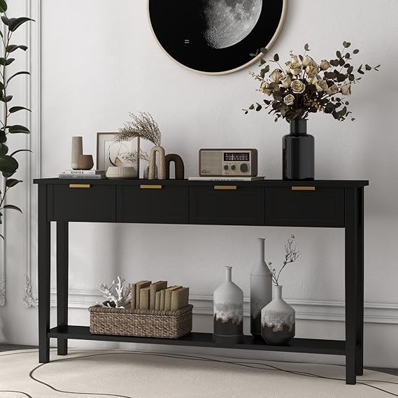 Long Sofa Table with 4 Drawers and Shelf