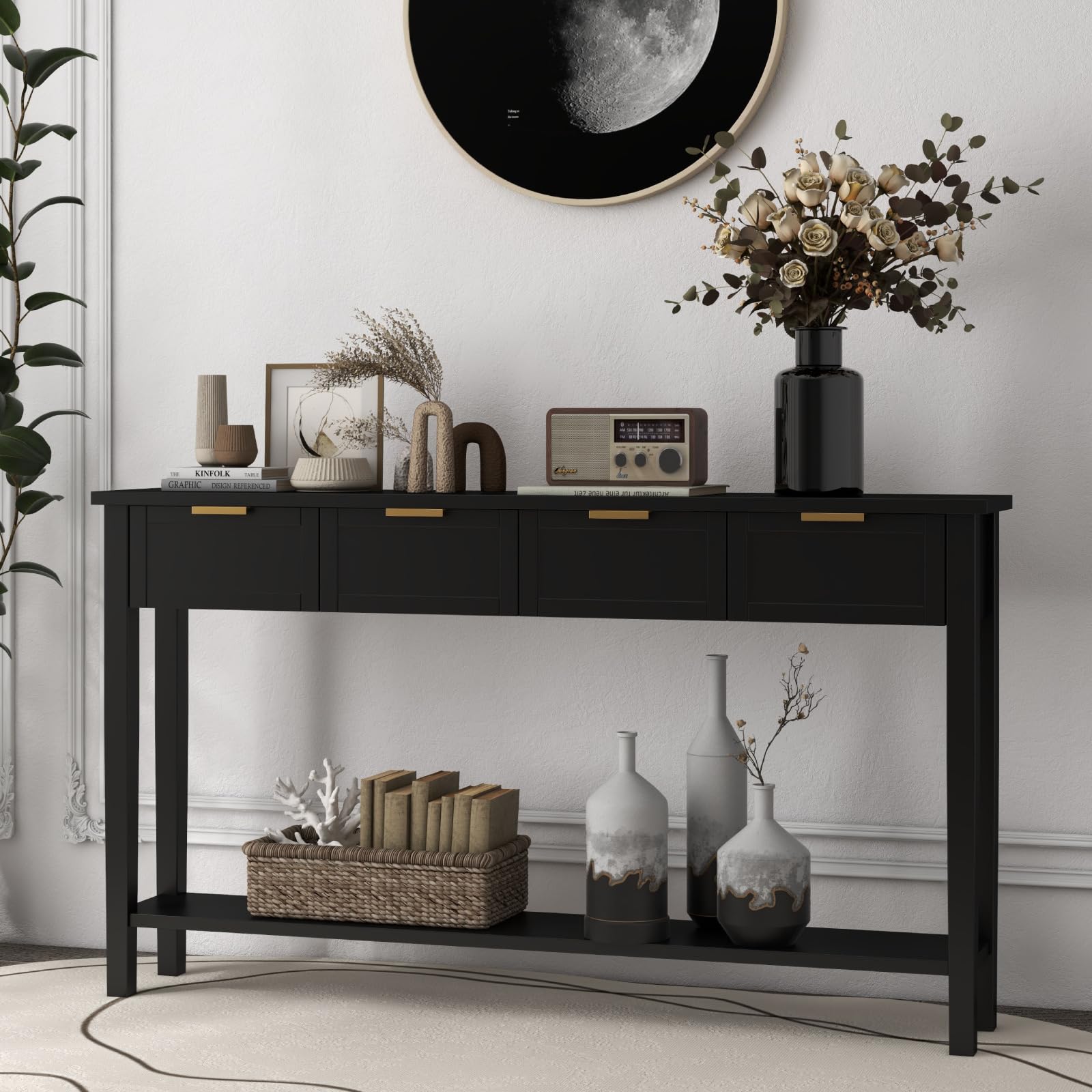 Long Sofa Table with 4 Drawers and Shelf