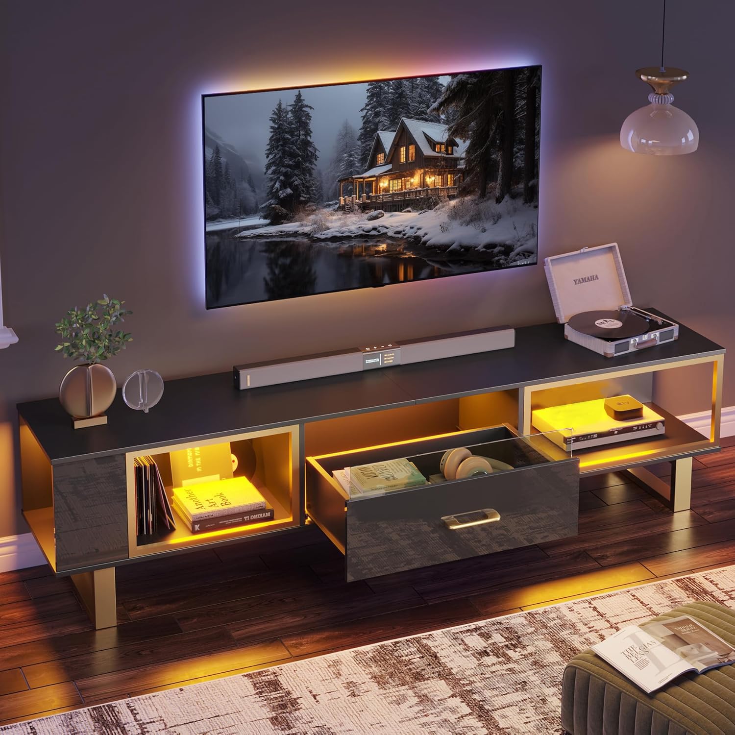 70 Inch LED TV Stand with Half-Glass Drawer