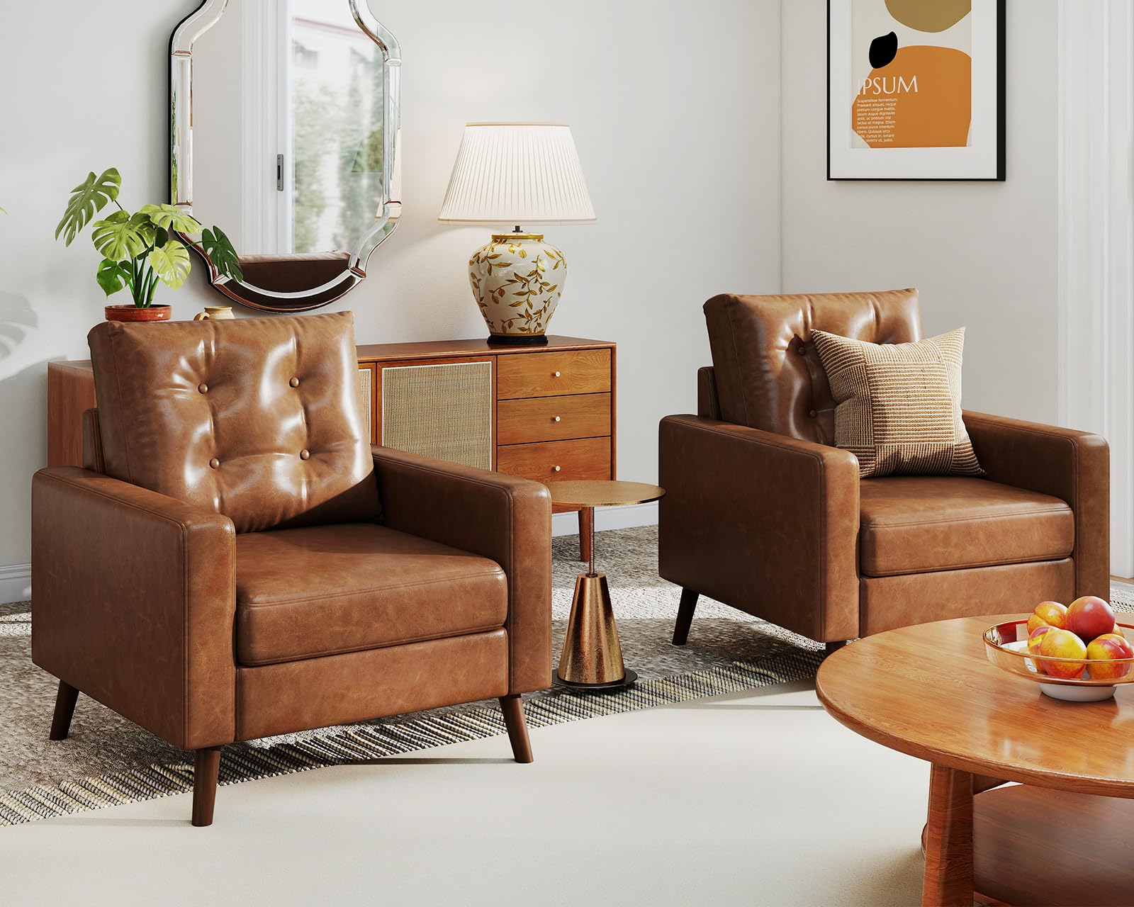 Mid Century Modern Armchair Set of 2 Button Tufted Faux Leather