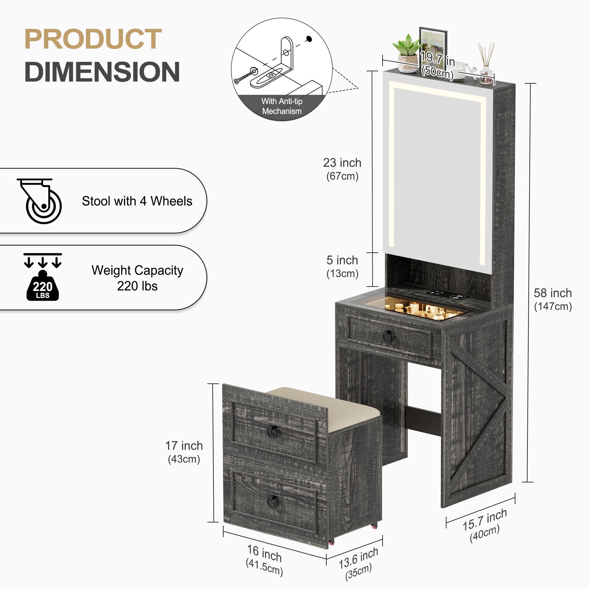 Small Vanity Desk with Mirror and Lights