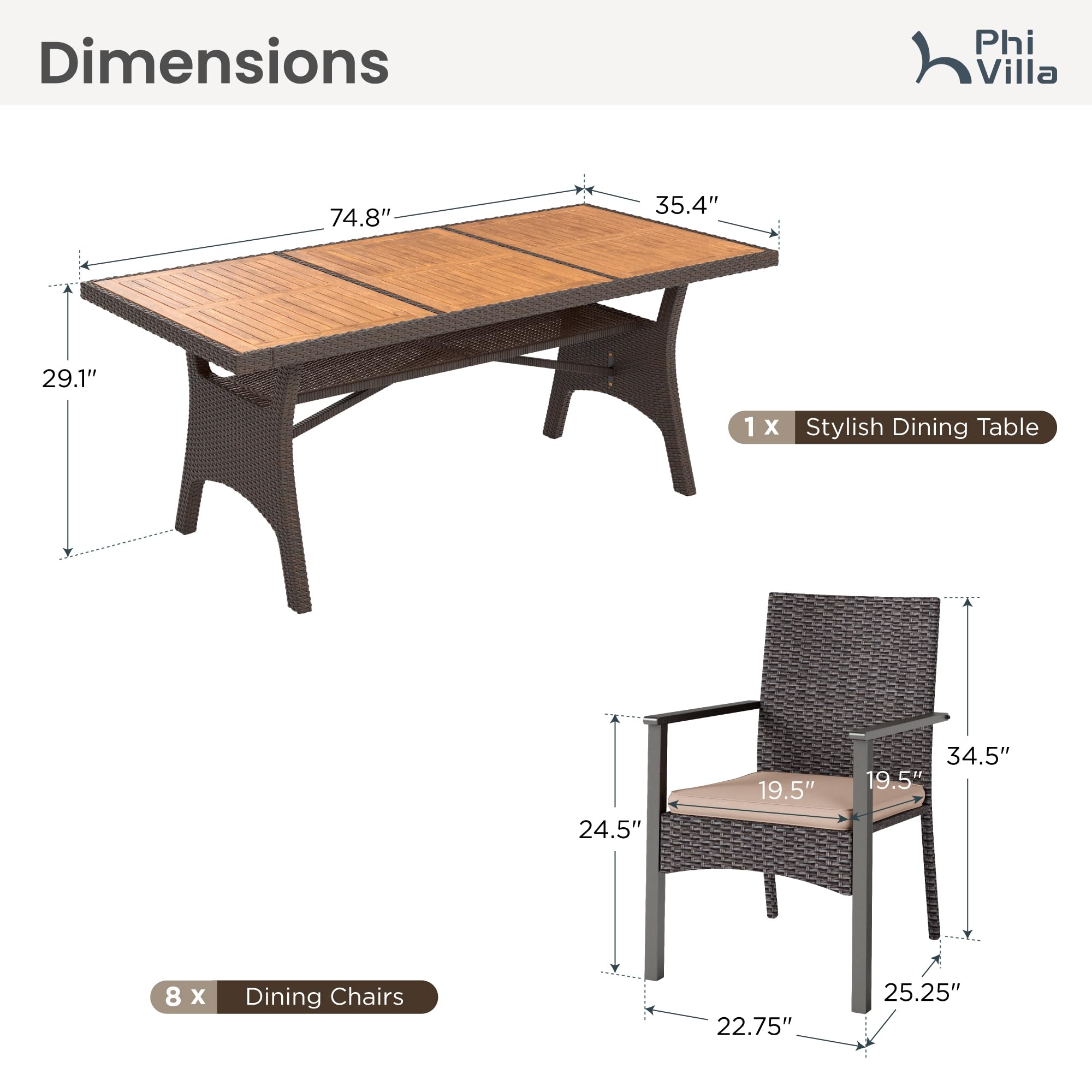 Outdoor Dining Set for 8 with Rattan Table and Wicker Chairs
