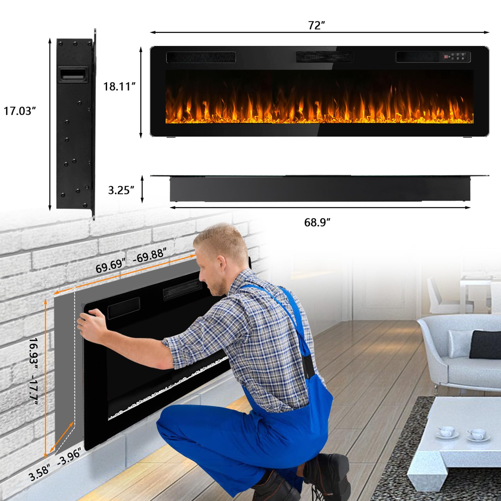 72 Inch Ultra-Thin Linear Electric Fireplace