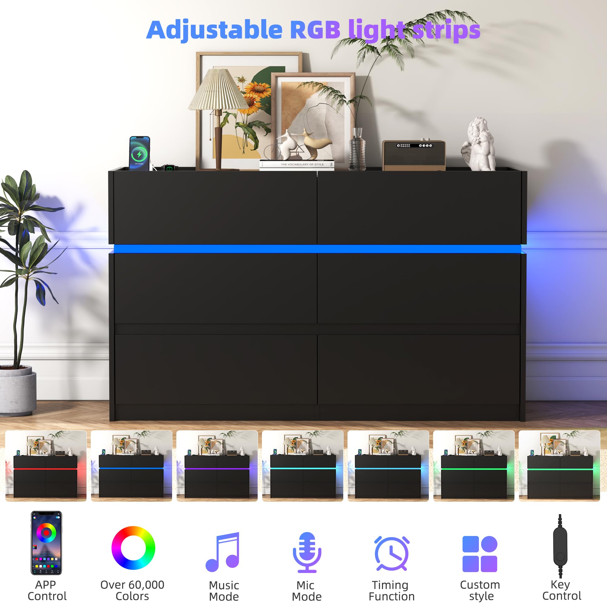 6 Drawer Dresser with Charging Station and LED Lights