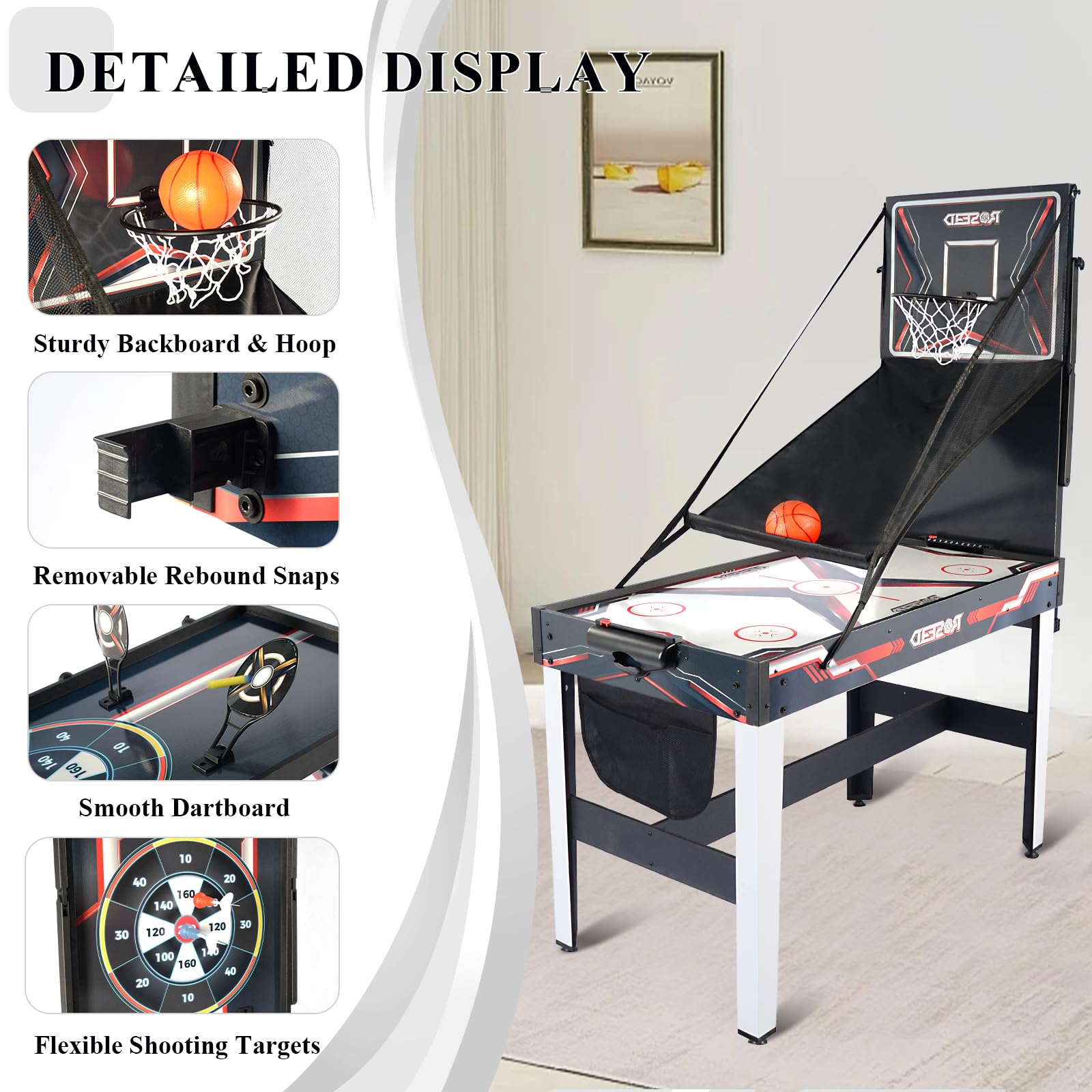 4-in-1 Combo Game Table with Air Hockey, Basketball, Darts & Shooting