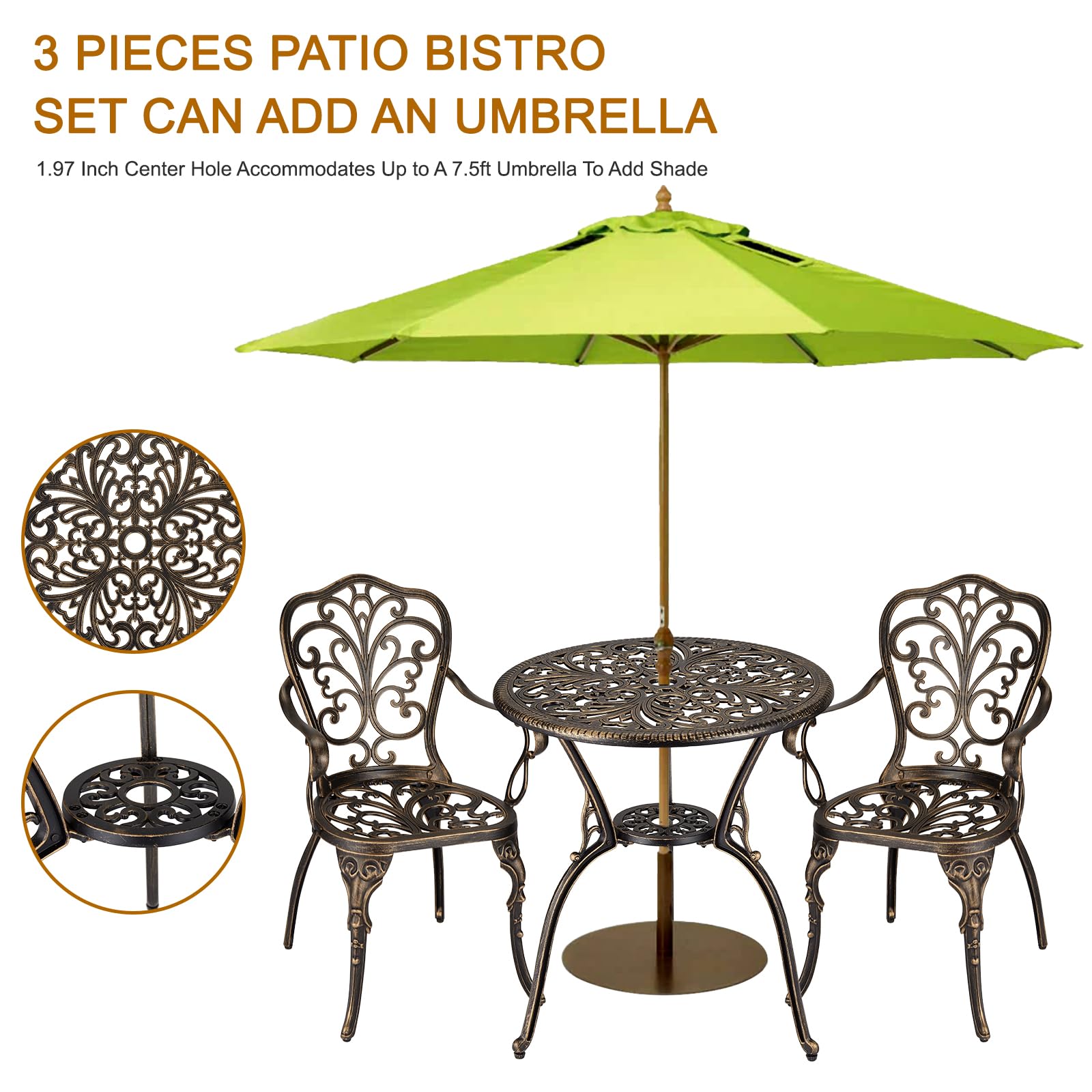 ELETHEBIA 3 Piece Bistro Set, Outdoor Bistro Table and Chairs Set of 2, Rust-Resistant Cast Aluminum All Weather Patio Outdoor Bistro Set with Umbrella Hole for Backyard, Balcony, Front Porch, Brown