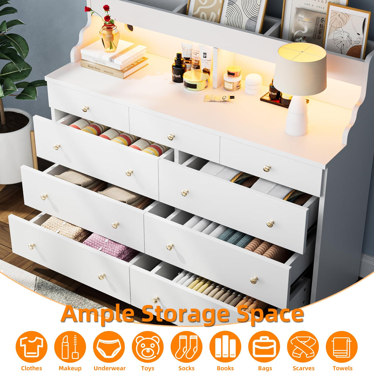 9 Drawer Dresser with LED Light and Power Outlet
