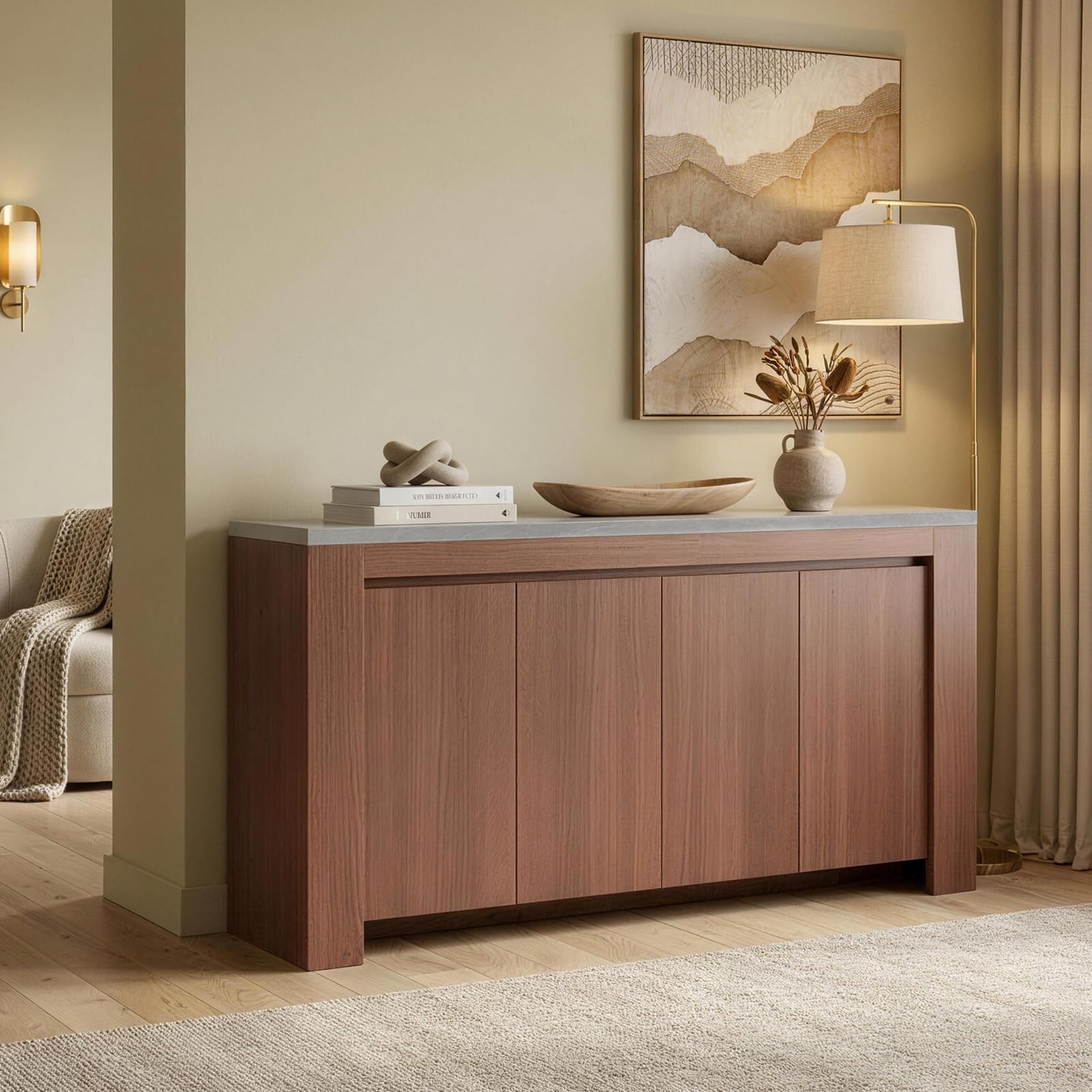 63" Sideboard Buffet Cabinet with Faux Marble Top