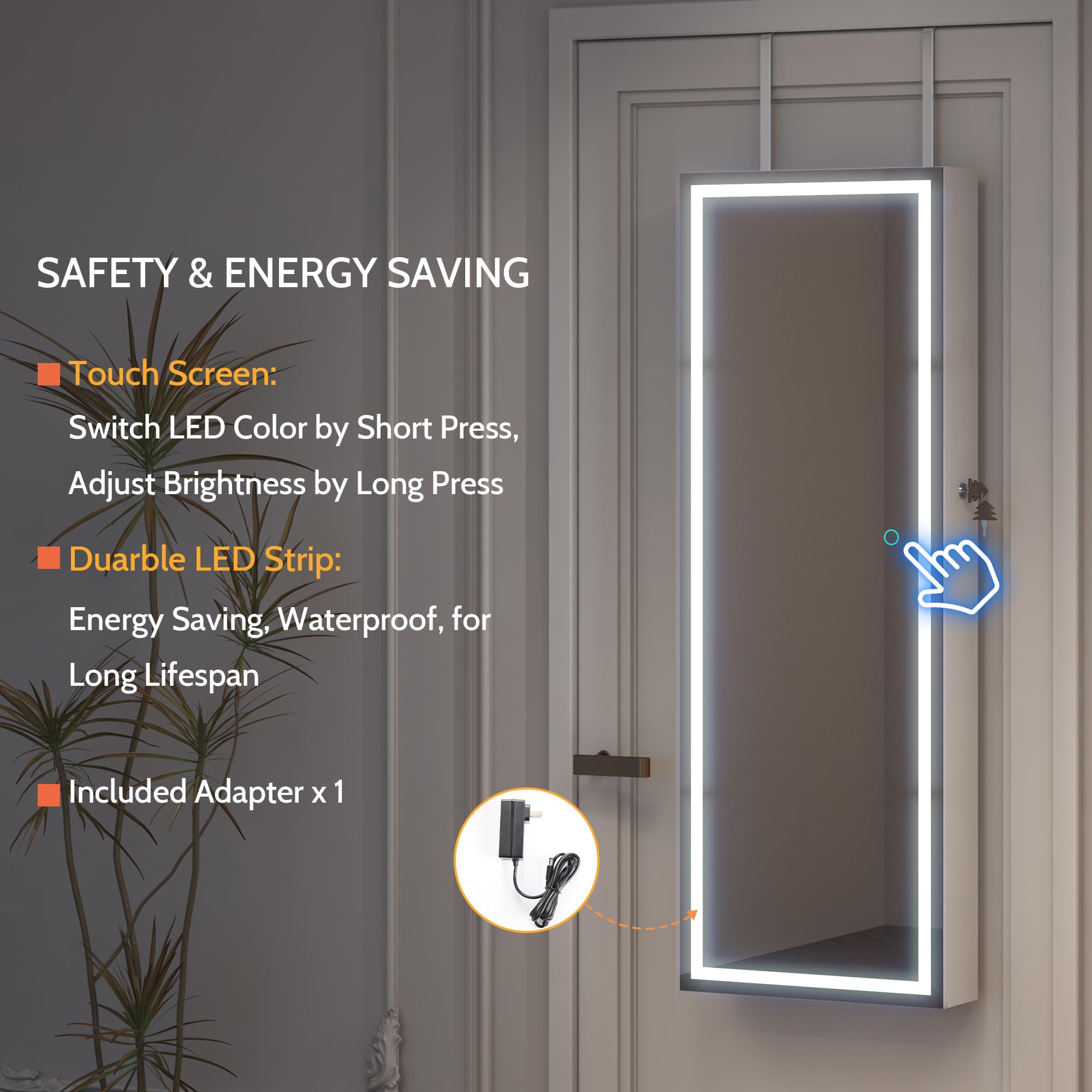 LED Mirror Jewelry Cabinet with Wall/Door Mount