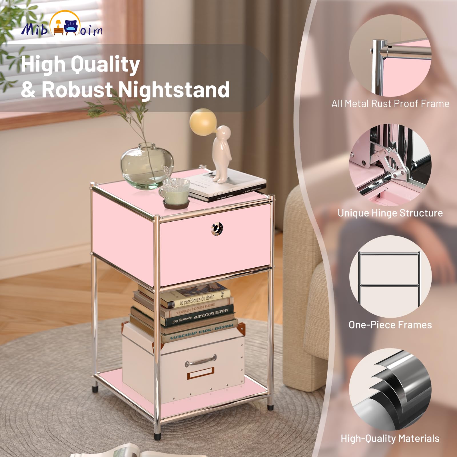 Pink Metal Nightstand with Drawers