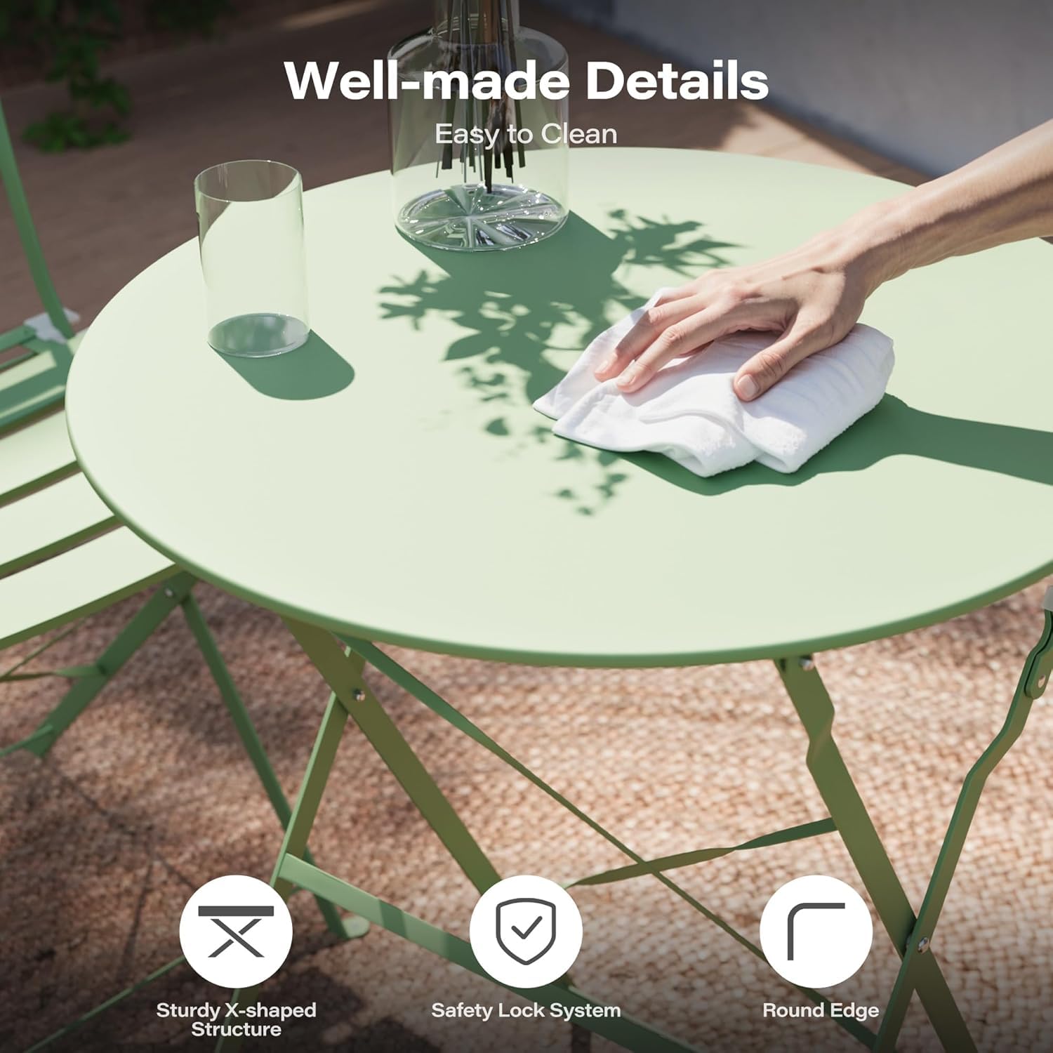 LAUSAINT HOME 3-Piece Steel Folding Bistro Set, Premium Weather-Resistant Patio Table & 2 Chairs for Balcony, Garden, Yard, Poolside & Indoor (Square, Green)