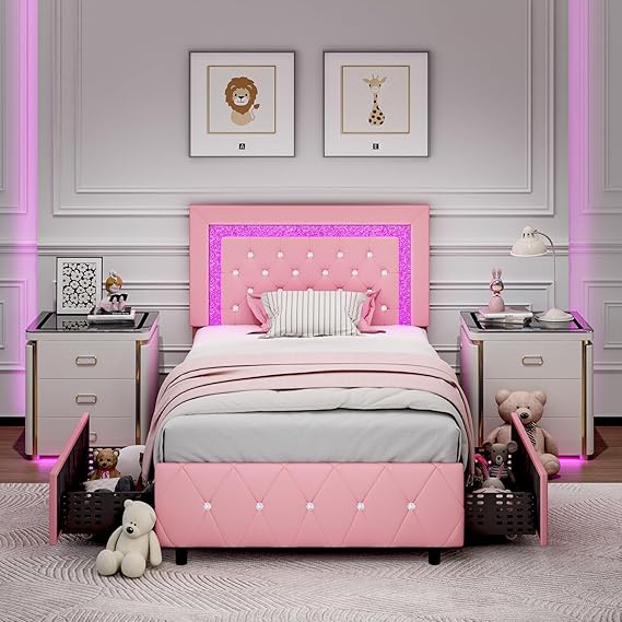 Queen LED Bed Frame with Storage Drawers