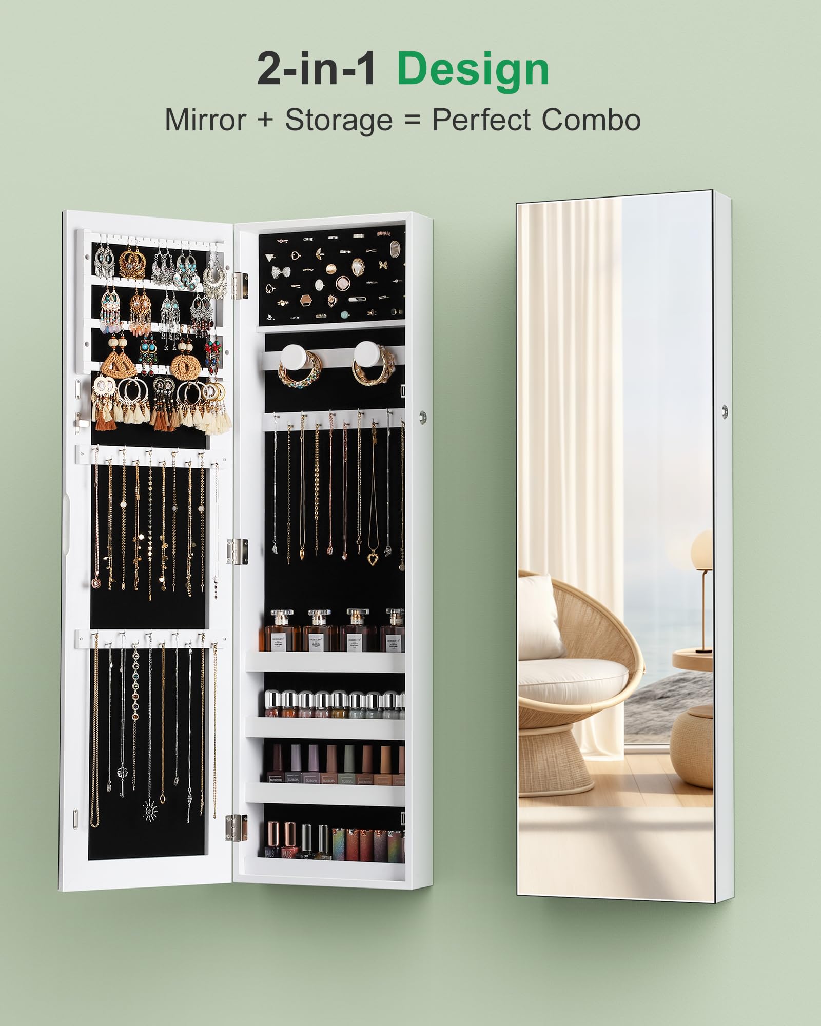 Wall Mounted Jewelry Armoire with Full Length Mirror