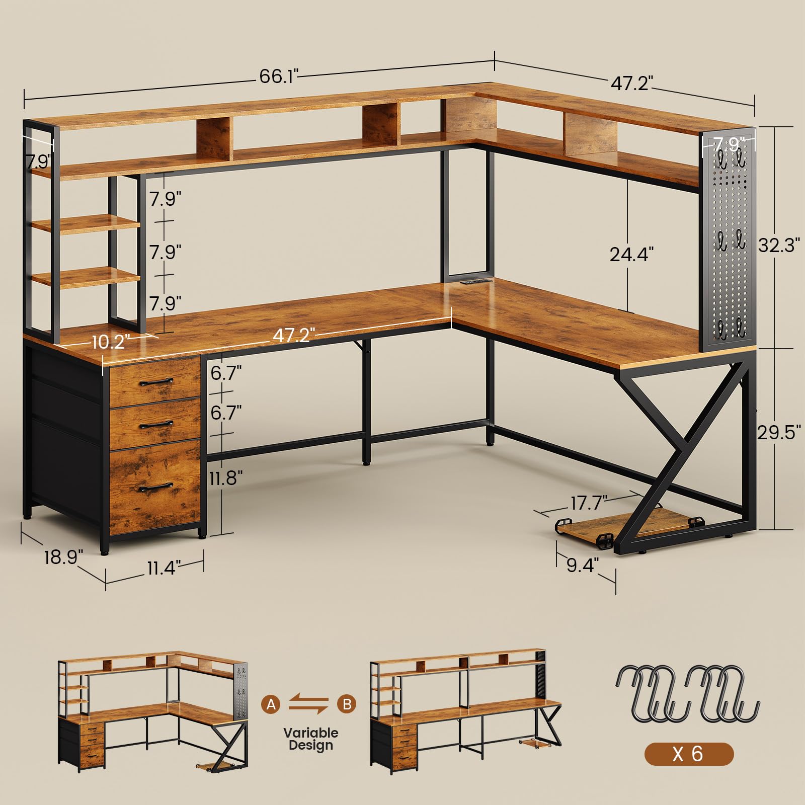 L Shaped Desk with Hutch and 3 Drawers 94.5 Inch