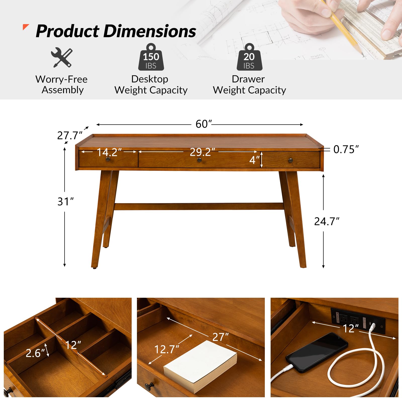 Mid-Century Modern Writing Desk with Drawers