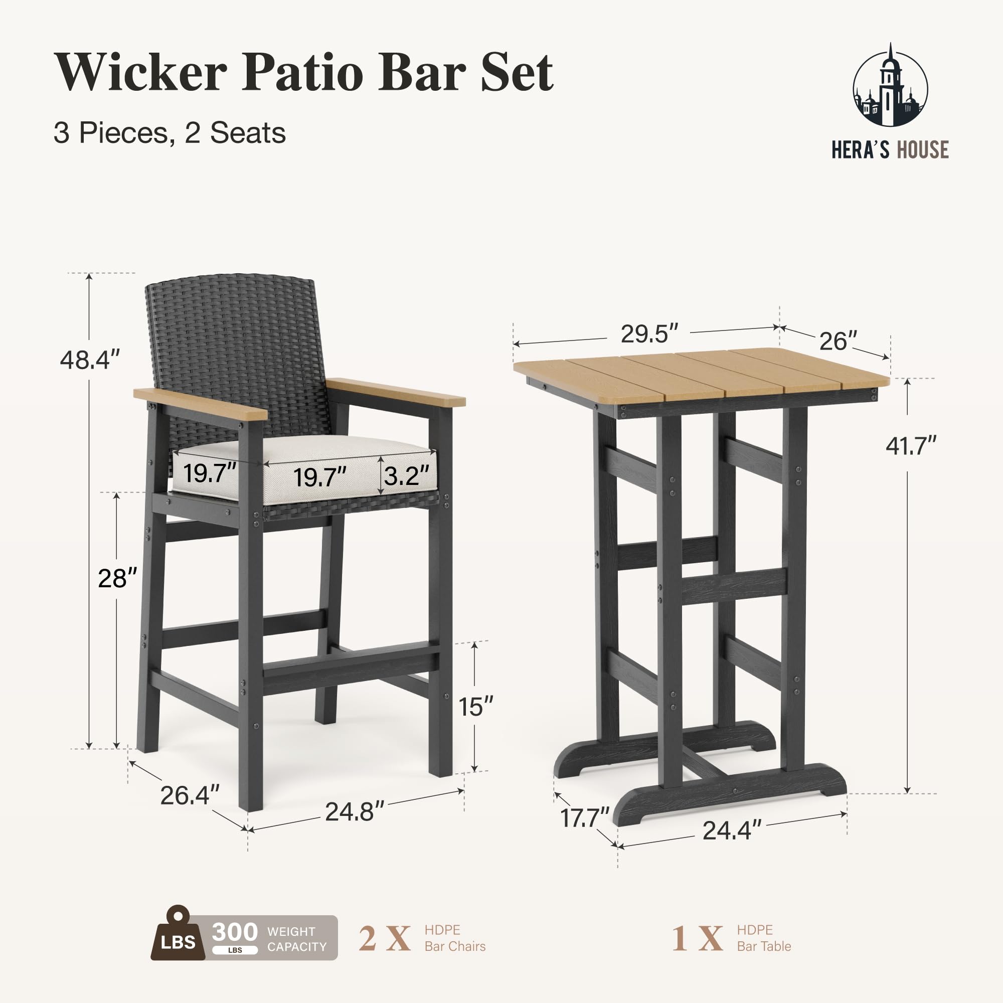 HDPE Outdoor Bar Set 3-Piece with Wicker Stools