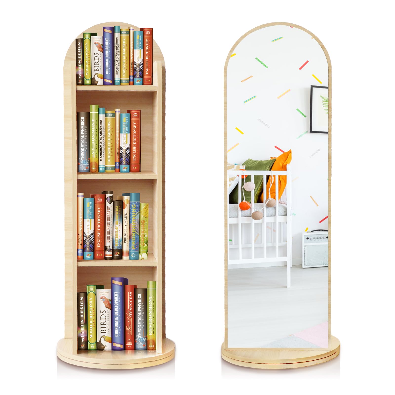 Kids Rotating Bookshelf with Mirror 48 Inch Wood Floor Standing