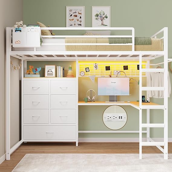 Twin Loft Bed with L-Shaped Desk and Storage Drawers